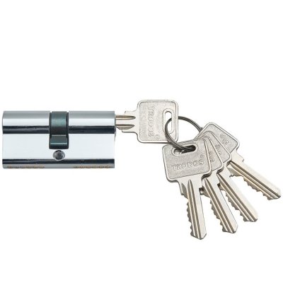 На картинке «Механизм цилиндровый Trodos ЦМ 80(40х40) латунь 5 ключей, хром, блистер»