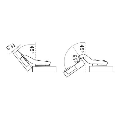 На картинке «Петля мебельная  для угловых дверей +45° SLIDE-ON с доводчиком (11.14.02)»