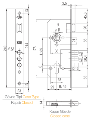 На картинке «Замок врезной цилиндровый для деревянных дверей KALE KILIT 152R,3MR,85BS45,23NP,w/o SP,w/o Ros,STB»