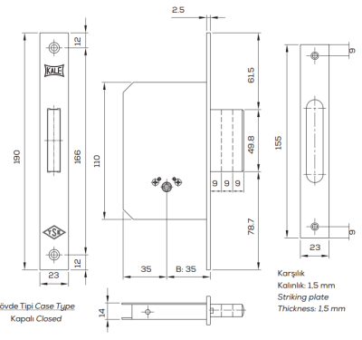 На картинке «Замок врезной под крестообразный ключ KALE KILIT 189F,3MF,BS45,23BP,5K,SP,Ros,STB»