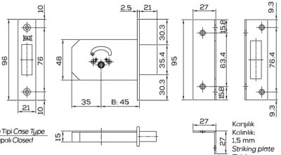 На картинке «Замок врезной под крестообразный ключ KALE KILIT 156F,BS45,21CP,5K,SP,Ro»