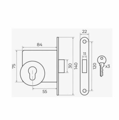 На картинке «Замок врезной Vrata ЗВ1-2 цилиндровый без защелки, без ручки, серый»