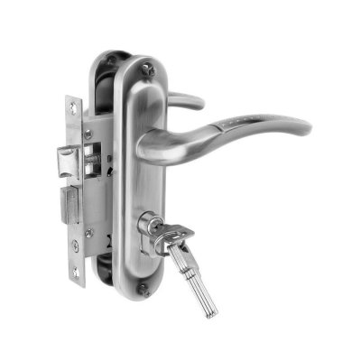 На картинке «Замок врезной Vrata 50/106-ЦМ70 цилиндровый с защелкой, с ручкой, хром»