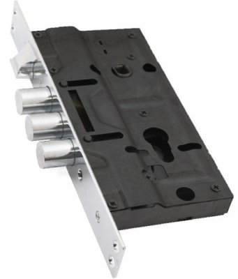 На картинке «Корпус врезного замка "3024-3Р №674" 3 круглых ригеля, без тяг и задвижки, левый (BZ-3007)»