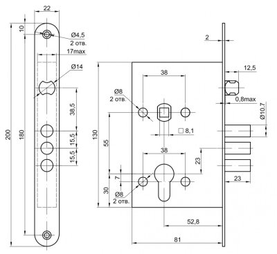 На картинке «Замок врезной ЗВ4-31/55 "Просам"(78930) медь б/ц »