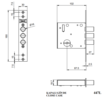 На картинке «Замок врезной сувальдный KALE KILIT 447L,BS67,5,30CP,4K(60mm),w/o SP,w/o Ros,PB»