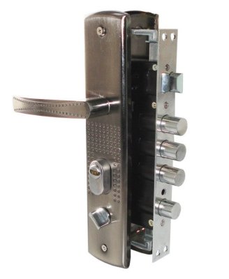 На картинке «Замок врезной для китайдверей "ЕвроПерфорация1000-30" с ручками,3 круглых ригеля+задвижка+МЦ, правый»