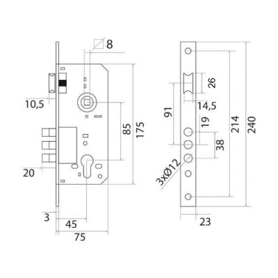 На картинке «Корпус врезного замка "Trodos" 152.45-R3M PB, золото (85мм)»