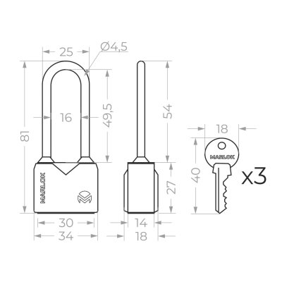 На картинке «Замок навесной влагозащищенный ВС-1 03.30L мм 3 кл. (Blister) MARLOK»