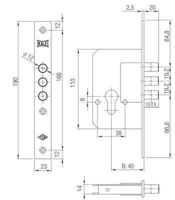 На картинке «Замок врезной цилиндровый KALE KILIT 189,3M,BS45,23NP,w/o SP,w/o Ros,STB»