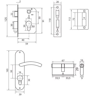 На картинке «Замок врезной Vrata 50/76-ЦМВ70 цилиндровый с защелкой, с ручкой, хром»