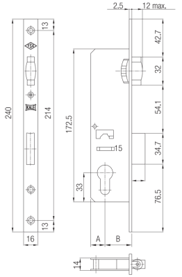 На картинке «Замок врезной цилиндровый узкопрофильный KALE KILIT155P,BS20,R,16CP,w/o SP,w/o Ros,STB»