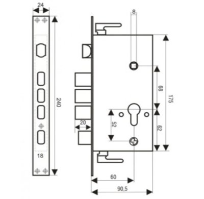 На картинке «Корпус врезного замка "2524-3Р Zohen Усиленный" 3 ригеля+задвижка»