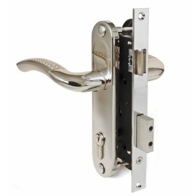 На картинке «Замок врезной ЗВ "Зубер" 7096-70 с ручками, одноригельный, хром (B 70мм)»