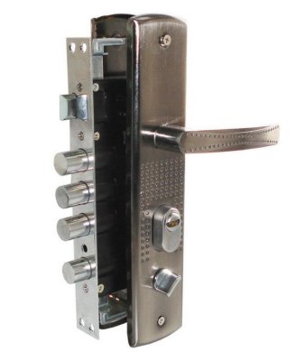 На картинке «Замок врезной для китайдверей "ЕвроПерфорация1000-30" с ручками,3 круглых ригеля+задвижка+МЦ, левый»