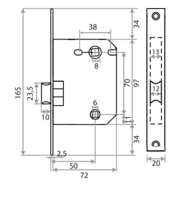 На картинке «Защелка врезная Trodos PE70 с фиксацией под поворотную ручку с прямоугольной планкой, металл, никель»