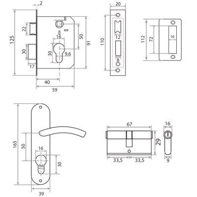 На картинке «Замок врезной Vrata 50/106-ЦМ70 цилиндровый с защелкой, с ручкой, бронза»