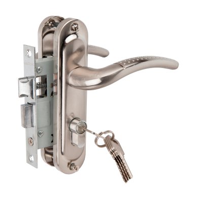 На картинке «Замок врезной Vrata 50/106-ЦМ70 цилиндровый с защелкой, с ручкой, никель»