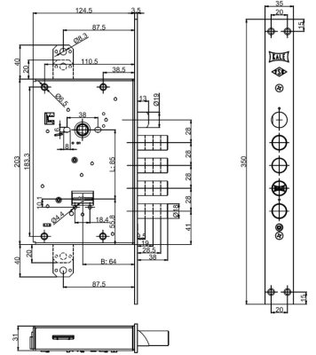На картинке «Замок врезной сувальдный перекодируемый KALE KILIT 472LR с тягами,85BS64,35CP,5K(60mm),w/o SP,w/o Ro»