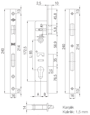 На картинке «Замок врезной цилиндровый узкопрофильный KALE KILIT 153P,85BS30,16CP,w/o SP,w/o Ros,STB»
