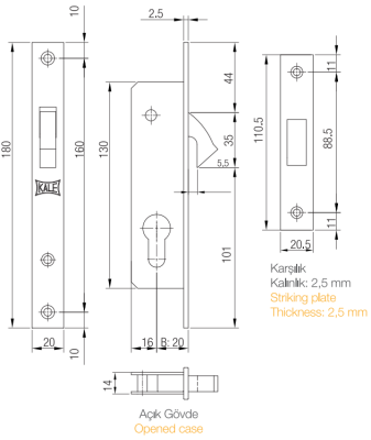 На картинке «Замок врезной цилиндровый узкопрофильный KALE KILIT 201,BS20,20NP,SP,Ros,STB»
