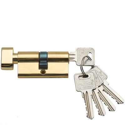 На картинке «Механизм цилиндровый "Trodos Латунь" ЦМВ 80-5К 5 ключей/вертушка, золото (PB)*»