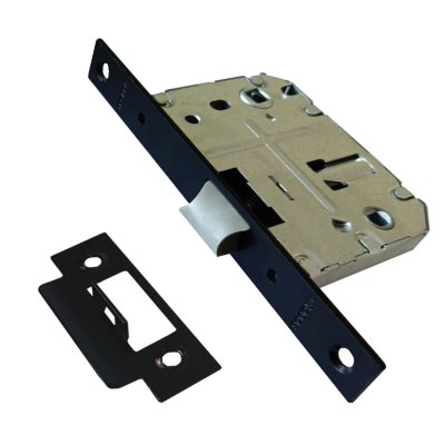 На картинке «Защелка врезная Trodos 2070WС с фиксацией под поворотную ручку с прямоуг.планкой, пластик,черный мат»