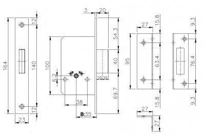На картинке «Замок врезной "157/F" под KALE (35мм) 3 крестовых ключа, золото»