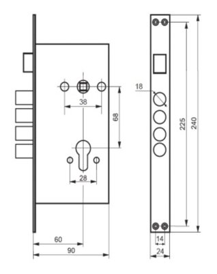 На картинке «Корпус врезного замка "2524-4Р 635-НТО ЛУЧ" 4 ригеля d-12мм, без задвижки (6068-4М)»
