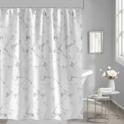 На картинке «Штора для ванной Delphinium "Мрамор" полиэстер 180х180см, 12 колец, мультиколор»