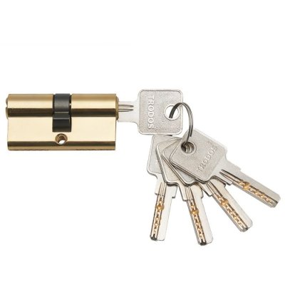 На картинке «Механизм цилиндровый Trodos ЦМП 80(40х40) латунь 5 ключей, золото, блистер»