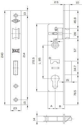 На картинке «Замок врезной цилиндровый узкопрофильный KALE KILIT 153,85BS35,23NP,w/o SP,w/o Ros,STB»