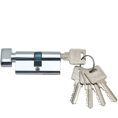 На картинке «Механизм цилиндровый Trodos ЦМВ 80(в35х45) латунь 5 ключей, хром, блистер»