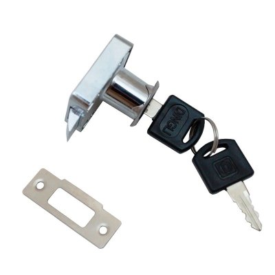 На картинке «Замок мебельный № 338 автомат хром, 2 пластик ключа»