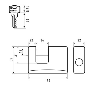 На картинке «Замок навесной БУЛАТ ВС 1-К95 ПЛ всепогодный полузакрытый»