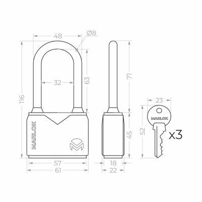 На картинке «Замок навесной влагозащищенный ВС-1 03.60L мм 3 кл. (Blister) MARLOK»