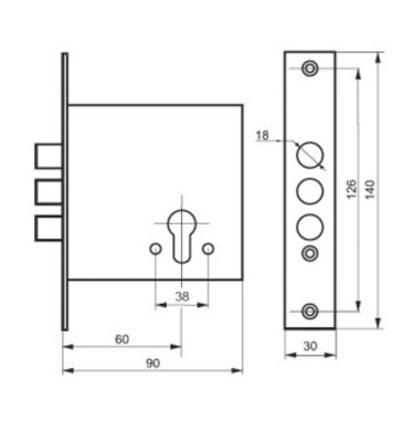 На картинке «Корпус врезного замка  "3014-Ц-3Р Верхний" 3 ригеля d-18мм (2 крепотверстия)»