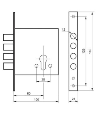 На картинке «Корпус врезного замка  "2514-Ц-4Р Верхний" 4 ригеля d-12мм, без мц (2 крепотверстия ЗВЦ-12 Сенат)»