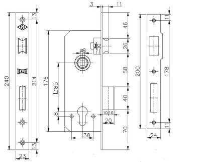 На картинке «Замок врезной цилиндровый для деревянных дверей KALE KILIT 152R,85BS40,23BP,w/o SP,w/o Ros,STB»