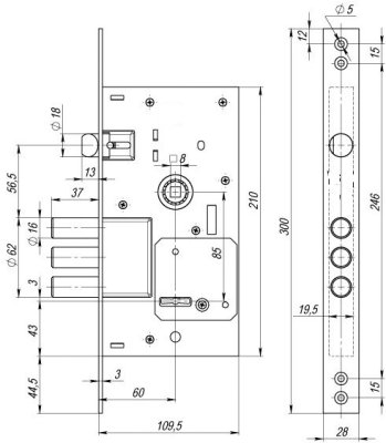 На картинке «Замок врезной "252RL" сувальдный с защёлкой (под KALE) хром-»