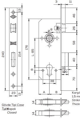 На картинке «Замок врезной цилиндровый для деревянных дверей KALE KILIT 152R,85BS60,23NP,w/o SP,w/o Ros,STB»