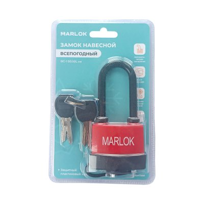 На картинке «Замок навесной всепогодный ВС-1 00.50L(1-55L) мм красный (Blister) MARLOK»
