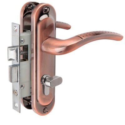 На картинке «Замок врезной Vrata 50/106-ЦМB70 цилиндровый с защелкой, с ручкой, медь»