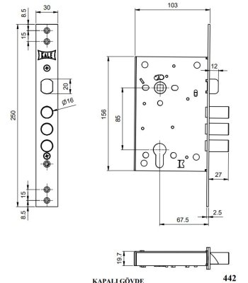 На картинке «Замок врезной цилиндровый KALE KILIT 442,85BS67,5,30CP,w/o SP, w/o Ros,PB»