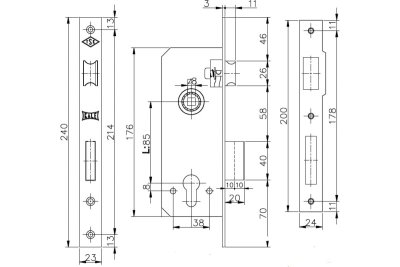 На картинке «Замок врезной цилиндровый для деревянных дверей KALE KILIT 152R,85BS45,23BP,w/o SP,w/o Ros,STB(золот»