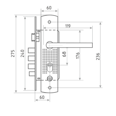 На картинке «Замок врезной для китайдверей "Евро Полоса1000-24" с ручками,3 ригеля+задвижка+МЦ, правый »