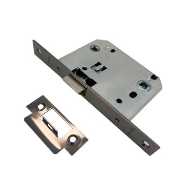 На картинке «Защелка врезная Trodos PE70 с фиксацией под поворотную ручку с прямоугольной планкой,металл,ч/никель»