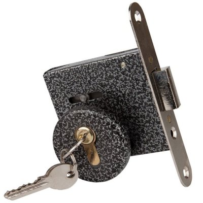 На картинке «Замок врезной Vrata ЗВ1-2 цилиндровый без защелки, без ручки, серый»