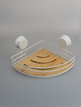 Полка для ванной угловая белая, металл/бамбук на присоске W7741-27BP