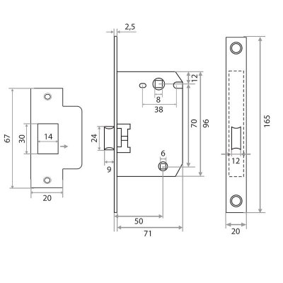 На картинке «Защелка врезная Trodos 2070WС с фиксацией под поворотную ручку с прямоуг.планкой, пластик,черный мат»